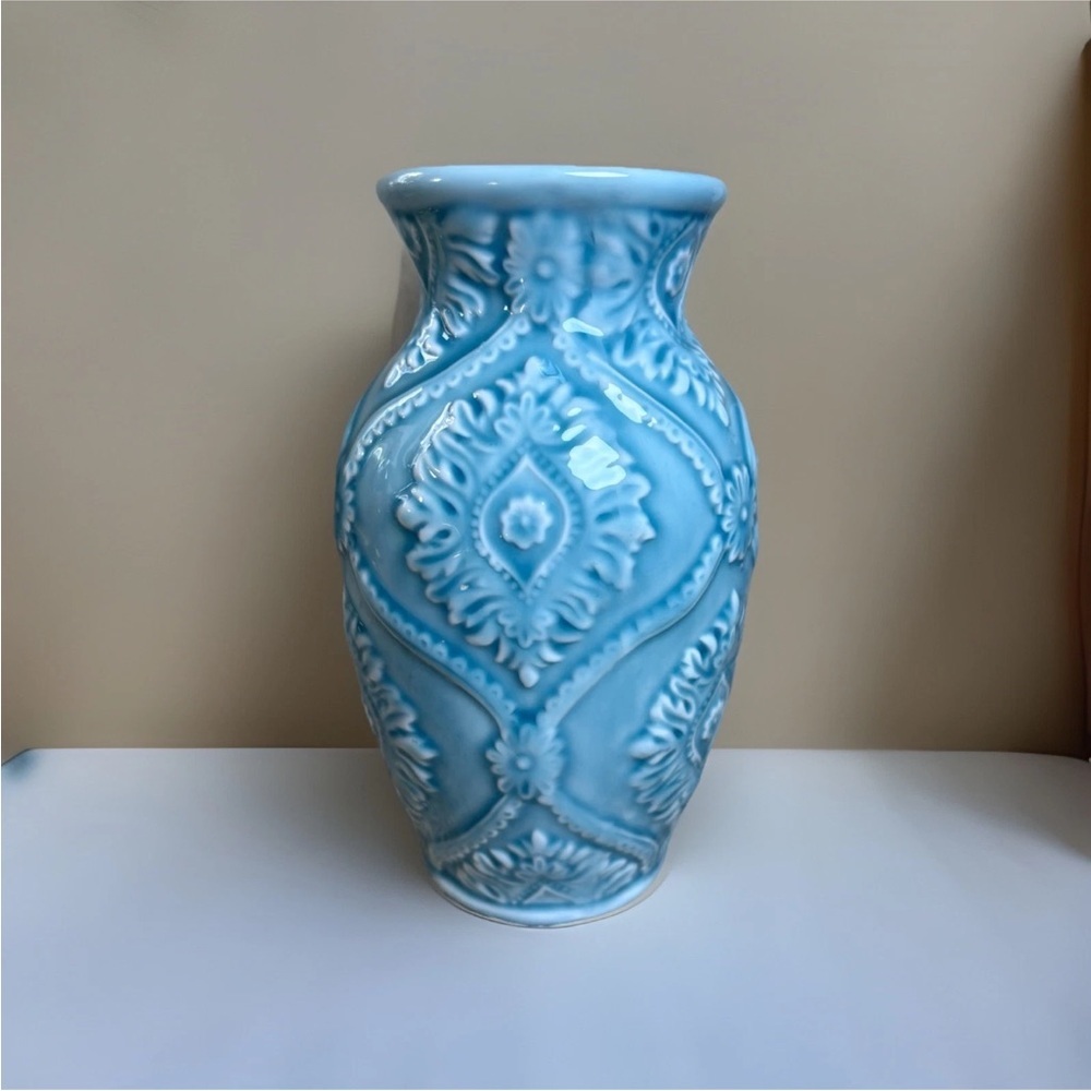 SOLD-Artisan Sky Blue Embossed Vase